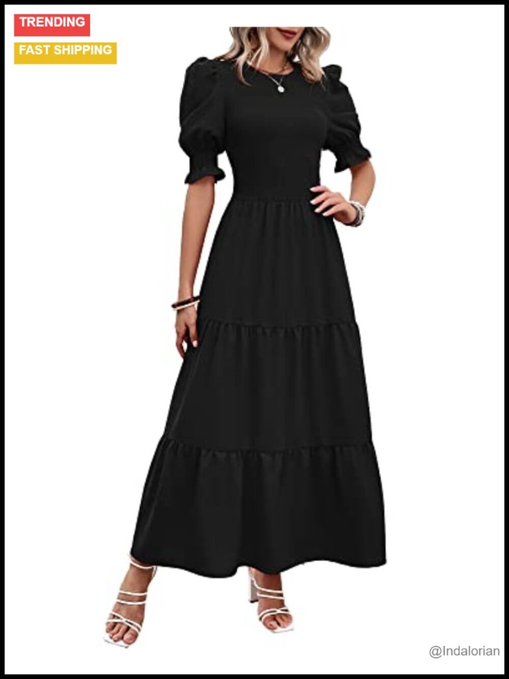 BTFBM Women's Smocked Tiered Maxi Dress Puff Sleeve A-Line Casual